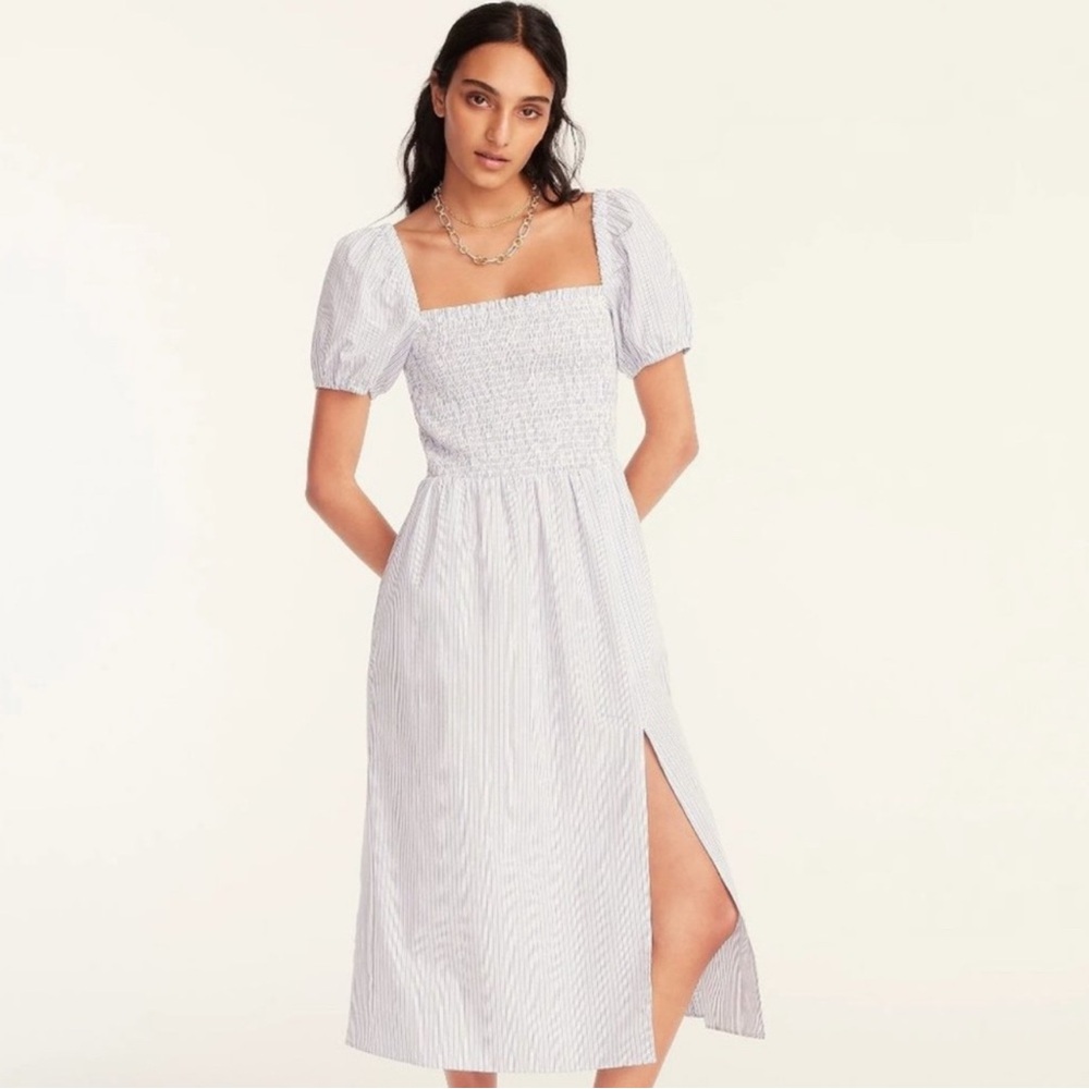 NWT J. Crew Short-sleeve smocked dress in stripe BG456 Size Small blue White
